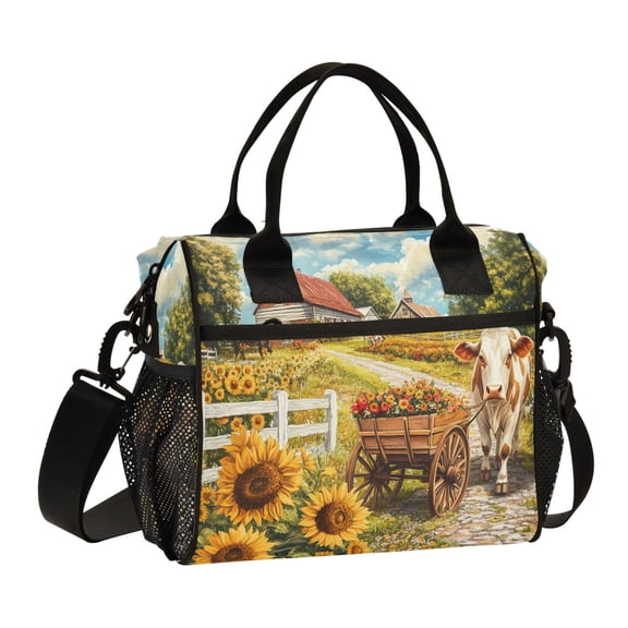 YAZAOO Lunch Bag Creative Cow Pulling Flower Cart Cooler bag with Shoulder Strap
