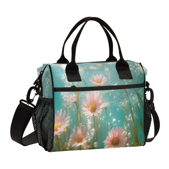 YAZAOO Lunch Bag Creative Pink Flowers and Bubbles Cooler bag with Shoulder Strap