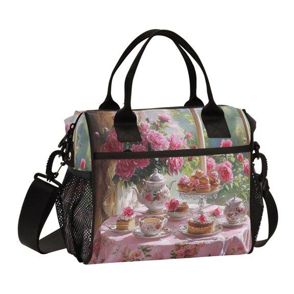 YAZAOO Lunch Bag Creative Tea Set with Pink Roses Cooler bag with Shoulder Strap
