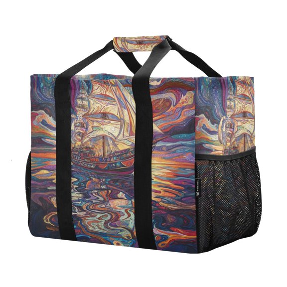 YAZAOO Mesh Beach Bags Totes Foldable Multiple Pockets Creatively Abstract Ship Printed