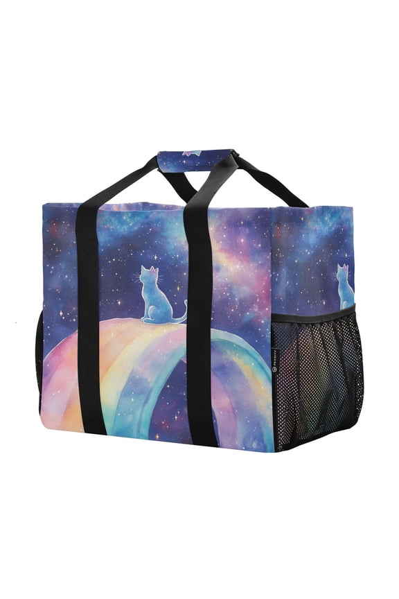 Mesh Beach Bags Totes Foldable Multiple Pockets Creatively Celestial Cat on A Rainbow Printed