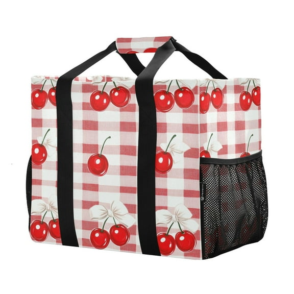 YAZAOO Mesh Beach Bags Totes Foldable Multiple Pockets Creatively Cherry Picnic Delight Printed