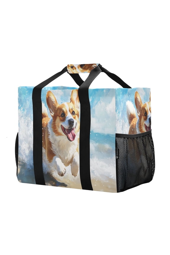 Mesh Beach Bags Totes Foldable Multiple Pockets Creatively Corgi Play on The Beach Printed