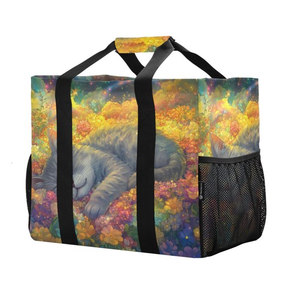 YAZAOO Mesh Beach Bags Totes Foldable Multiple Pockets Creatively Cosmic Catnap Printed