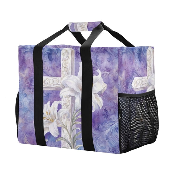 YAZAOO Mesh Beach Bags Totes Foldable Multiple Pockets Creatively Easter Cross Printing Printed