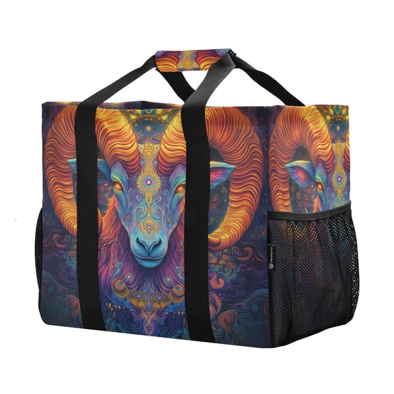 YAZAOO Mesh Beach Bags Totes Foldable Multiple Pockets Creatively Electric Ram Reverie Printed