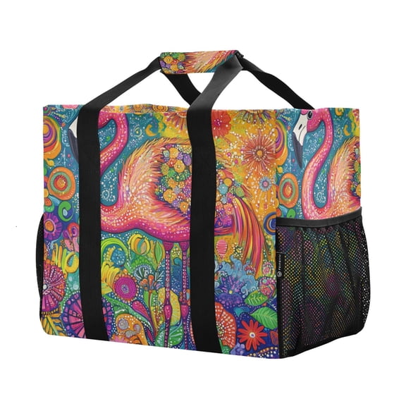 YAZAOO Mesh Beach Bags Totes Foldable Multiple Pockets Creatively Flamingo Festivity Printed