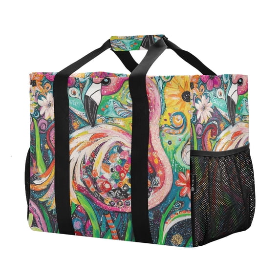 YAZAOO Mesh Beach Bags Totes Foldable Multiple Pockets Creatively Flamingo in A Garden Of Colors Printed