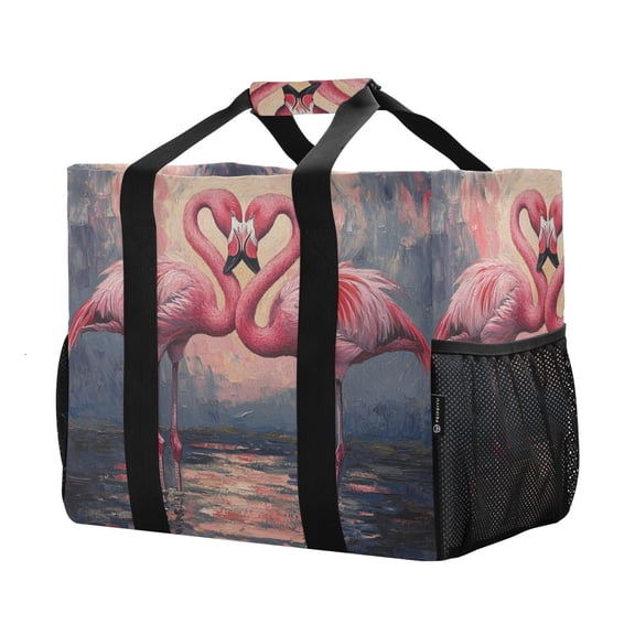 YAZAOO Mesh Beach Bags Totes Foldable Multiple Pockets Creatively Flamingos Fall in Love Pattern Printed