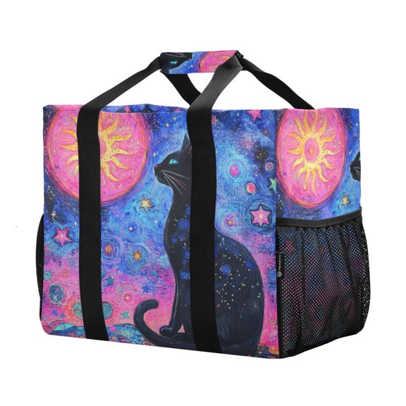 YAZAOO Mesh Beach Bags Totes Foldable Multiple Pockets Creatively Galactic Feline Dreams Printed