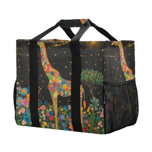 YAZAOO Mesh Beach Bags Totes Foldable Multiple Pockets Creatively Galactic Giraffe Printed
