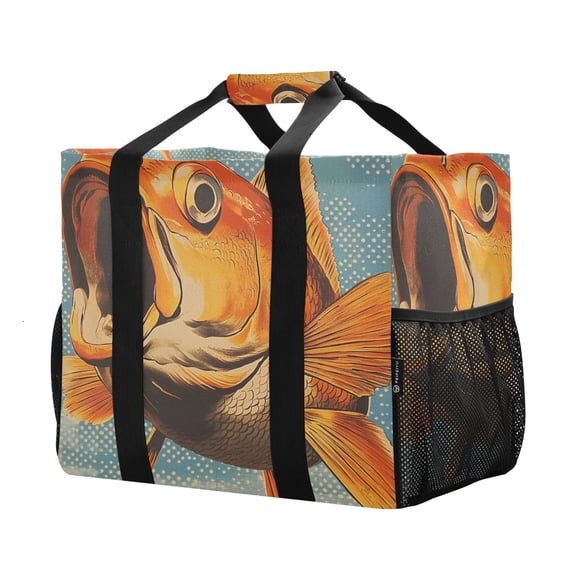 YAZAOO Mesh Beach Bags Totes Foldable Multiple Pockets Creatively Golden Fish in A Dreamy Blue Ocean Printed