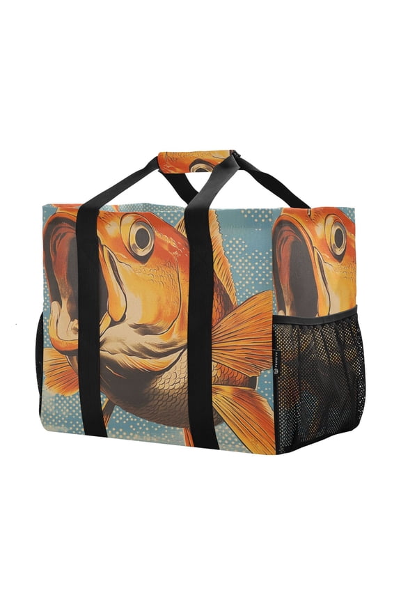 Mesh Beach Bags Totes Foldable Multiple Pockets Creatively Golden Fish in A Dreamy Blue Ocean Printed