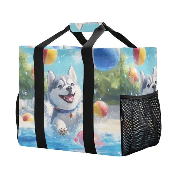 YAZAOO Mesh Beach Bags Totes Foldable Multiple Pockets Creatively Husky's Pool Party Joy Printed