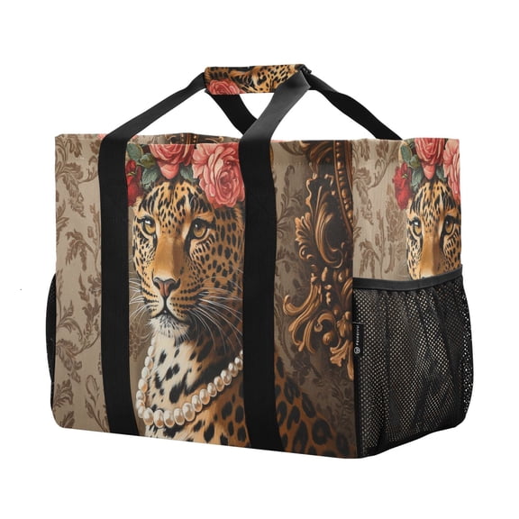 YAZAOO Mesh Beach Bags Totes Foldable Multiple Pockets Creatively Leopard with Flowers and Pearls Printed