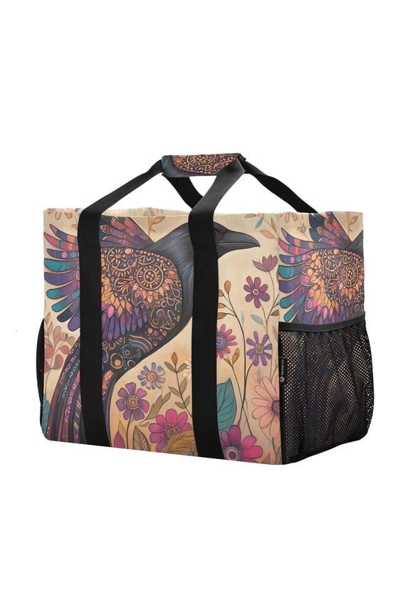 Mesh Beach Bags Totes Foldable Multiple Pockets Creatively Mystical Crow Blossom Printed