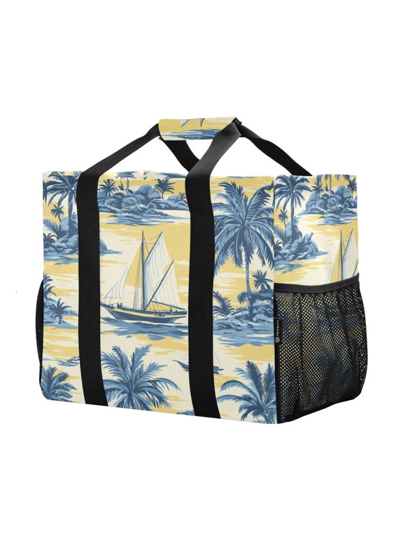Mesh Beach Bags Totes Foldable Multiple Pockets Creatively Nautical Bliss in Blue and Yellow Printed