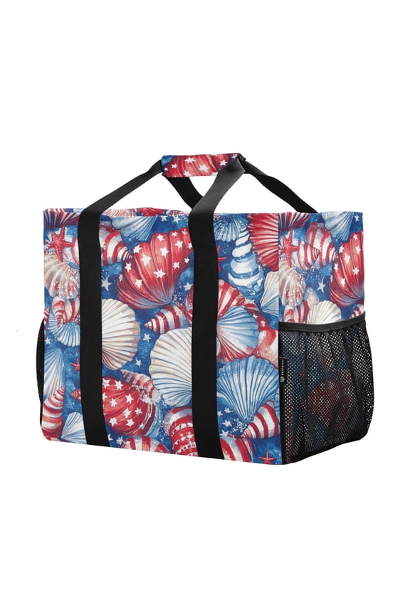 Mesh Beach Bags Totes Foldable Multiple Pockets Creatively Patriotic Seashells Printed