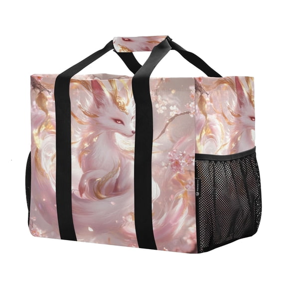 YAZAOO Mesh Beach Bags Totes Foldable Multiple Pockets Creatively Pink Flower-adorned Fox Printed