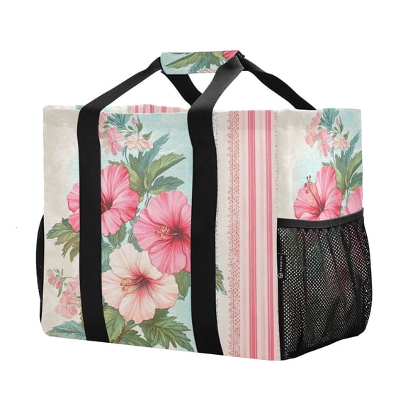 YAZAOO Mesh Beach Bags Totes Foldable Multiple Pockets Creatively Pink Hibiscus Delight Printed
