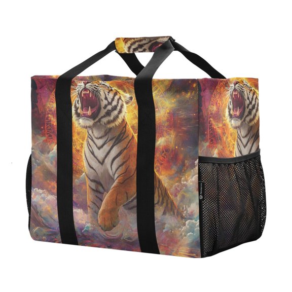 YAZAOO Mesh Beach Bags Totes Foldable Multiple Pockets Creatively Powerful Tiger Roaring Printed