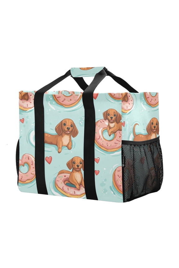 Mesh Beach Bags Totes Foldable Multiple Pockets Creatively Puppy Love and Sweet Treats Printed