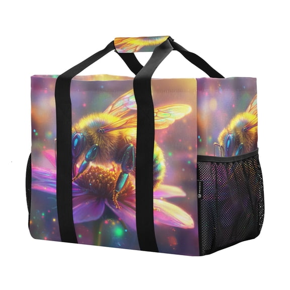 YAZAOO Mesh Beach Bags Totes Foldable Multiple Pockets Creatively Radiant Bee Amidst Colorful Blossoms Printed