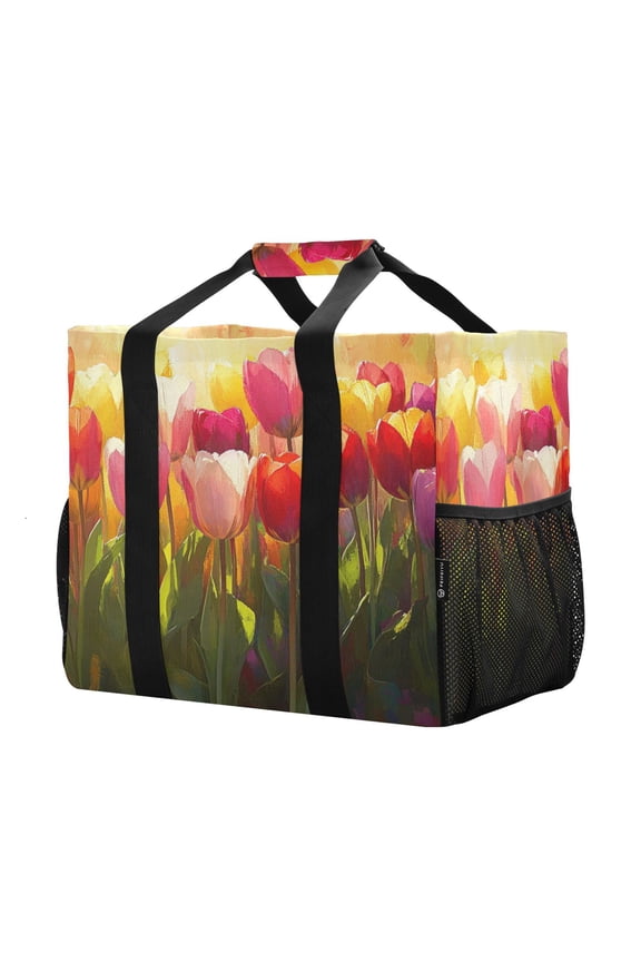 Mesh Beach Bags Totes Foldable Multiple Pockets Creatively Radiant Tulip Glow Printed