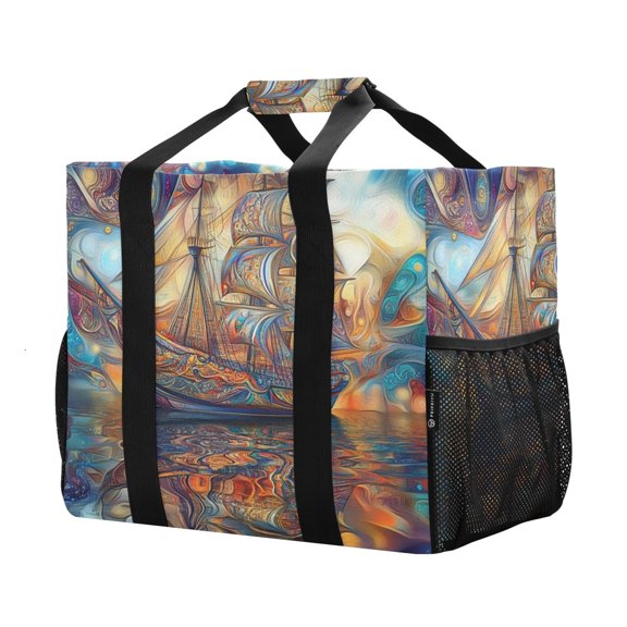 YAZAOO Mesh Beach Bags Totes Foldable Multiple Pockets Creatively Sailing Ship Printed