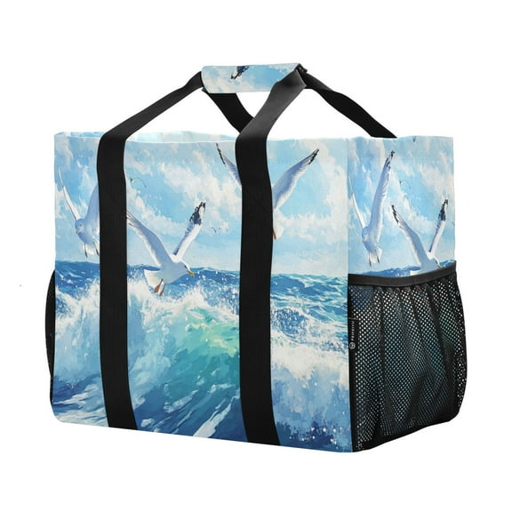 YAZAOO Mesh Beach Bags Totes Foldable Multiple Pockets Creatively Seagull over Ocean Printed