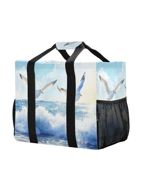 Mesh Beach Bags Totes Foldable Multiple Pockets Creatively Seagulls over Ocean Waves Printed