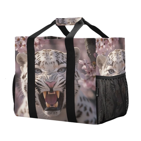 YAZAOO Mesh Beach Bags Totes Foldable Multiple Pockets Creatively Snow Leopard in Bloom Printed