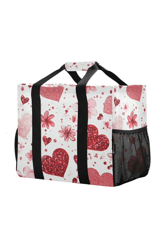 Mesh Beach Bags Totes Foldable Multiple Pockets Creatively Sparkle Hearts Printed