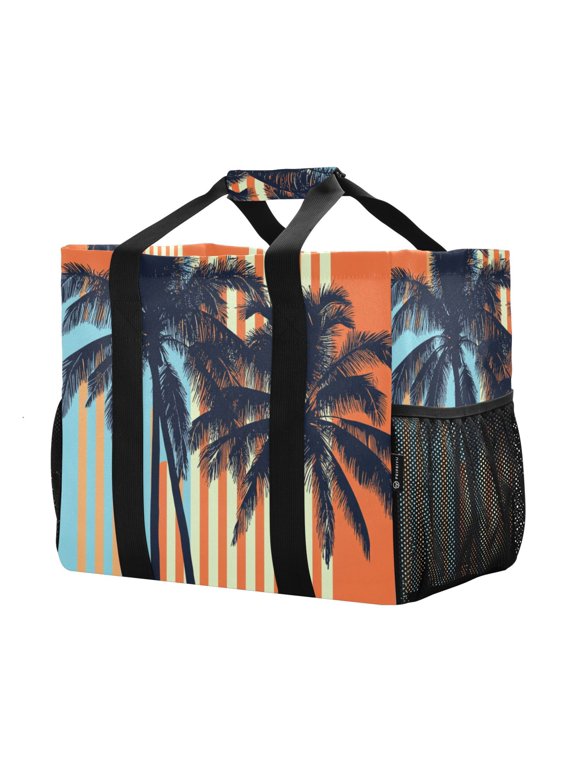 Mesh Beach Bags Totes Foldable Multiple Pockets Creatively Sunset Palms Printed