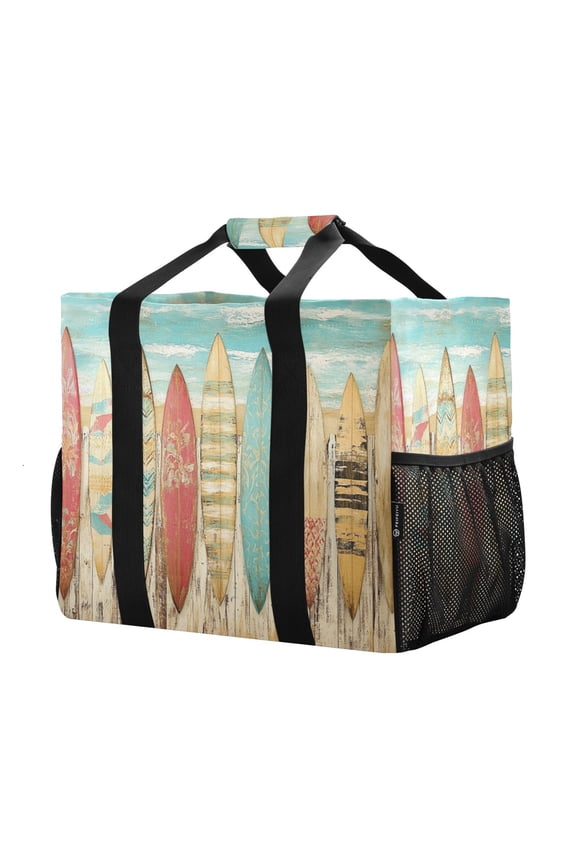 Mesh Beach Bags Totes Foldable Multiple Pockets Creatively Surfboard by The Sea Painting Printed