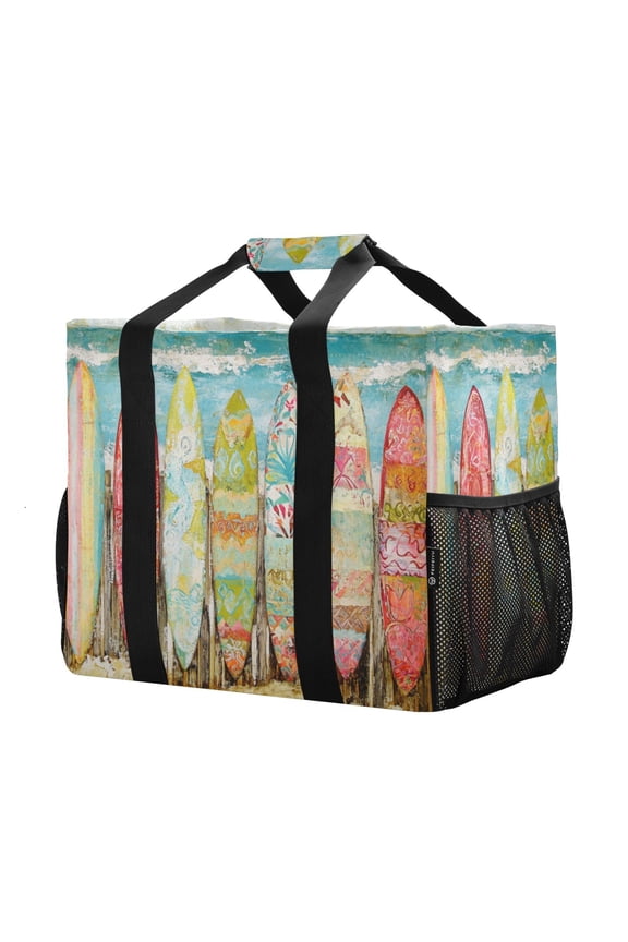 Mesh Beach Bags Totes Foldable Multiple Pockets Creatively Surfboard by The Sea Printed