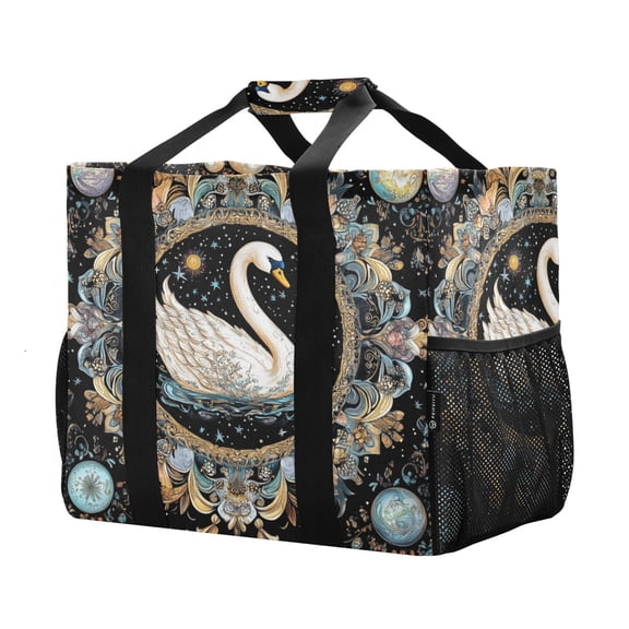 YAZAOO Mesh Beach Bags Totes Foldable Multiple Pockets Creatively Swan in Celestial Garden Printed