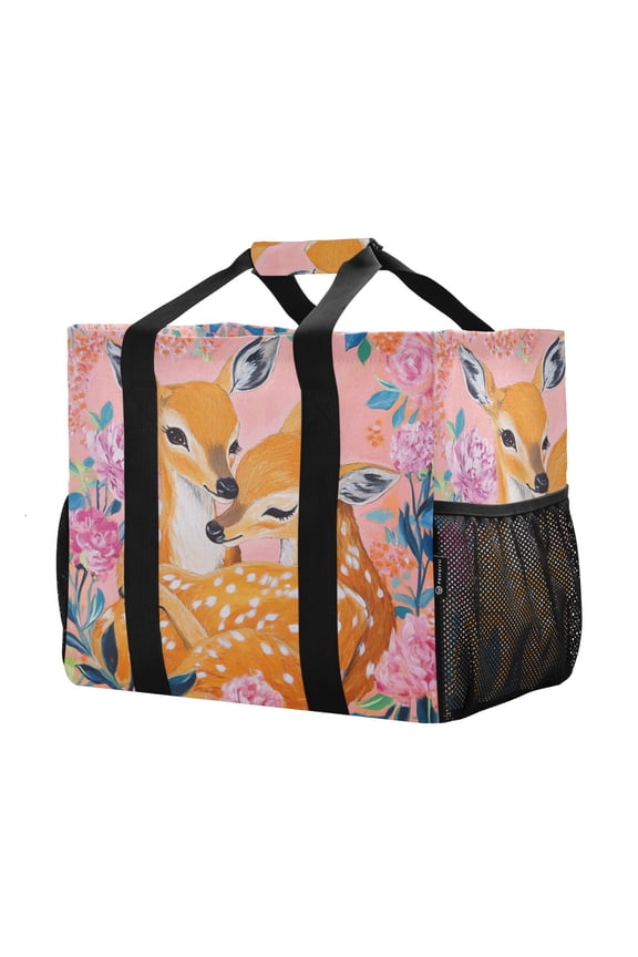 Mesh Beach Bags Totes Foldable Multiple Pockets Creatively Tender Fawn Embrace Printed