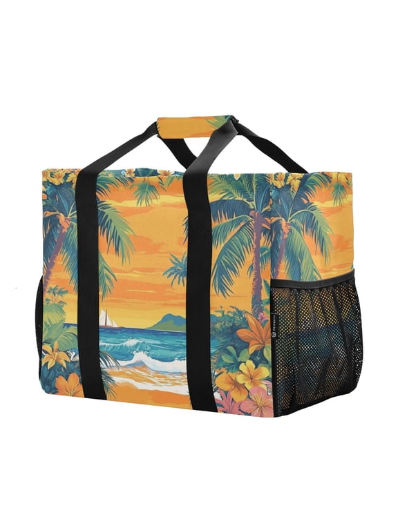 Mesh Beach Bags Totes Foldable Multiple Pockets Creatively Tropical Paradise at Dawn Printed