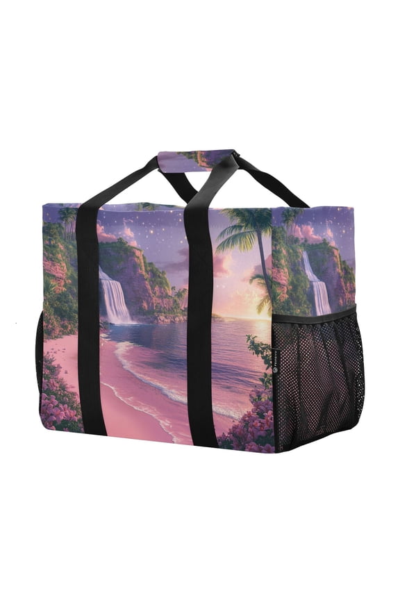 Mesh Beach Bags Totes Foldable Multiple Pockets Creatively Tropical Twilight Oasis Printed