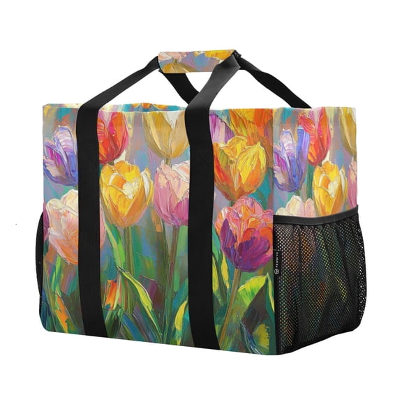 YAZAOO Mesh Beach Bags Totes Foldable Multiple Pockets Creatively Tulip Symphony Printed