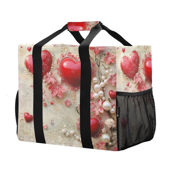 YAZAOO Mesh Beach Bags Totes Foldable Multiple Pockets Creatively Valentines Day Heart Printing Printed
