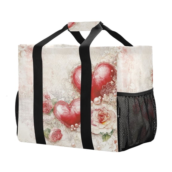 YAZAOO Mesh Beach Bags Totes Foldable Multiple Pockets Creatively Valentines Day Painting Printed
