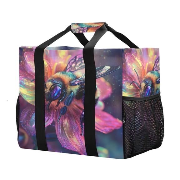 YAZAOO Mesh Beach Bags Totes Foldable Multiple Pockets Creatively Vibrant Bee on A Radiant Bloom Printed