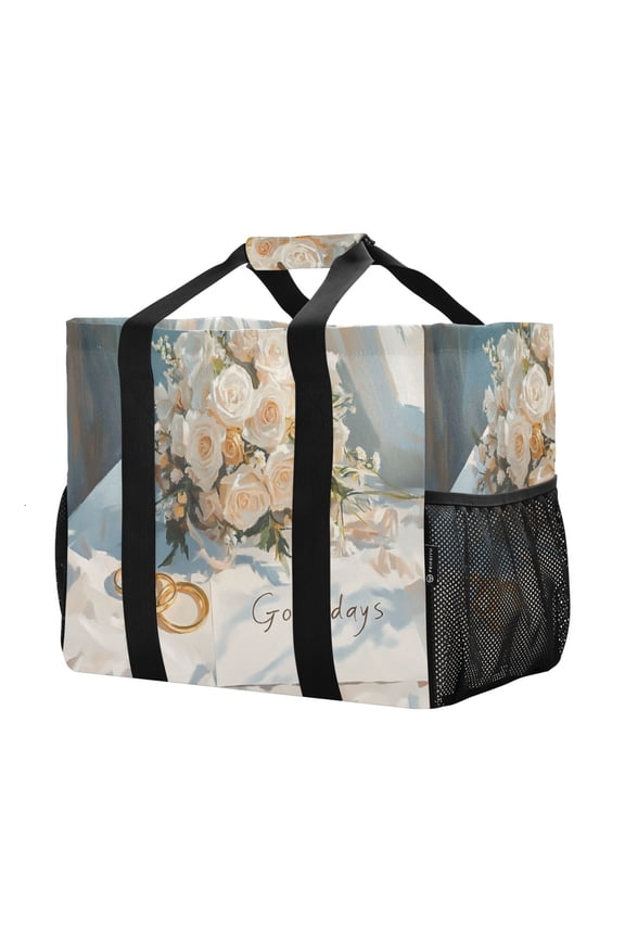 Mesh Beach Bags Totes Foldable Multiple Pockets Creatively White Blossom Painting Printed