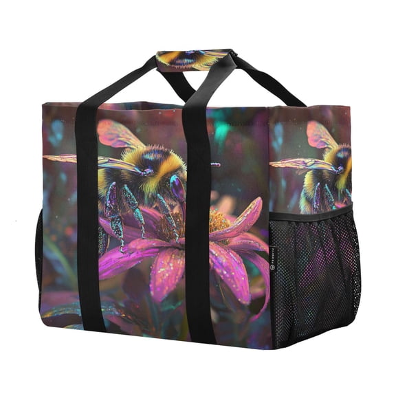 YAZAOO Mesh Beach Bags Totes Foldable Multiple Pockets Creatively "luminescent Bee on Vibrant Petals Printed