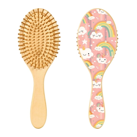 YAZAOO Natural Wood Air Cushion Hair Brush Unicorn Clouds Rainbow Pattern Wooden Detangler Brush Scalp Massage Comb
