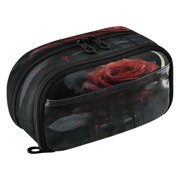 YAZAOO Noir Rose Pattern Waterproof Polyester PVC Pencil Case Clear Window Dual Zipper Stationery Organizer