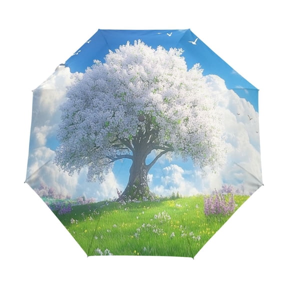 YAZAOO One-Touch Auto Open Close Rain Umbrella With Creative Blossoming Tree in Sunny Field Pattern