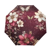 YAZAOO One-Touch Auto Open Close Rain Umbrella With Creative Blossoms and Butterflies on Burgundy Pattern
